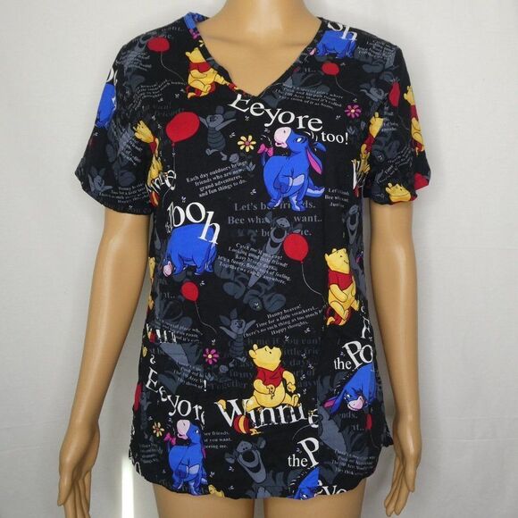 Disney Winnie the Pooh Eeyore Medical Scrubs Top Shirt Pockets V Neck Tigger XS - Picture 1 of 10